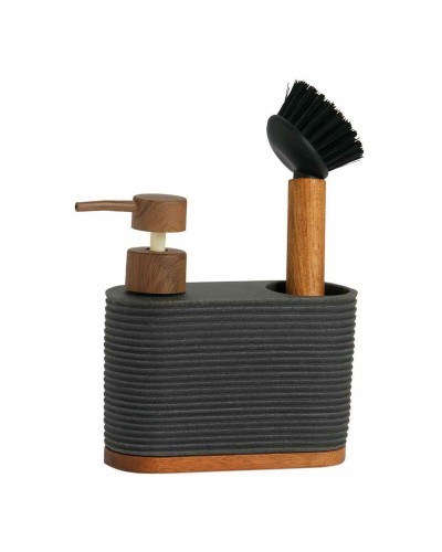 Andrea House Distributeur de Savon 2en1 Noir & Bois Acacia - Évier Cuisine/Salle de Bain
