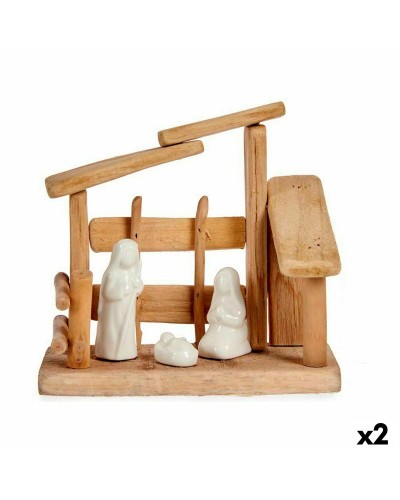 Belén Navideño de Madera y Cerámica | Blanco Natural | 18 x 17 x 8 cm (Set de 2)
