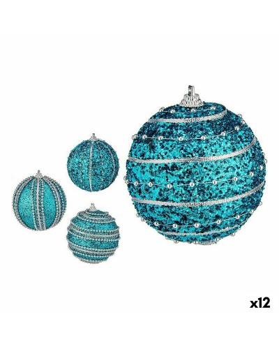 Boules de Noël en PVC Bleues de 8 cm avec Relief (Lot de 12)
