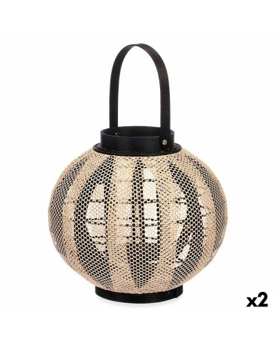 Wooden and Beige Fabric Candle Lantern (30x30x30 cm) - Pack of 2
