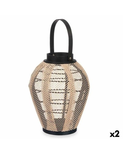 Ljusstakar Lykta Med handtag Beige Trä Tyg 25 x 30 x 25 cm (2 antal)