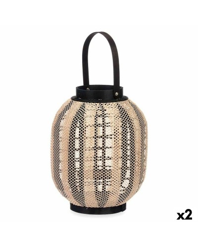 Ljusstakar Lykta Med handtag Beige Trä Tyg 27 x 32 x 27 cm (2 antal)