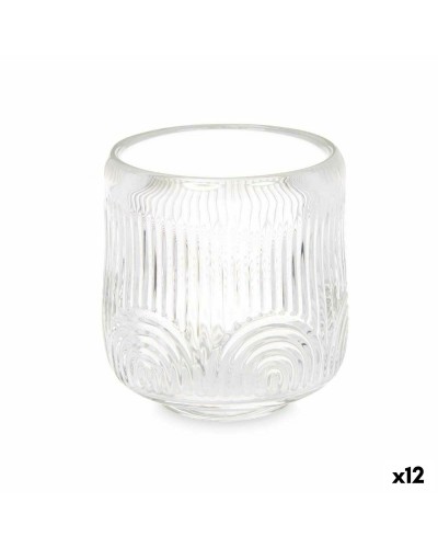 Porte-bougies en Cristal Transparent | Motif Rayures | 9x9,5x9 cm | Lot de 12
