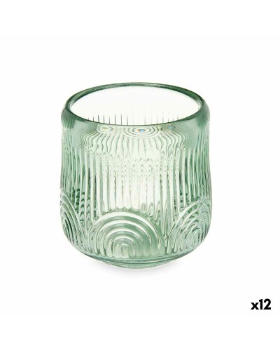 [Marca] Portavelas Cilíndrico Verde Rayas de Cristal 9 x 9,5 x 9 cm (Set de 12)
