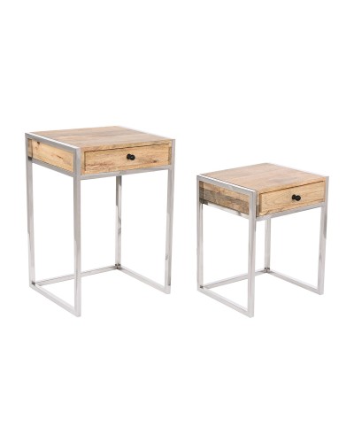 Tavolino ESPRIT in Legno di Mango e Acciaio (Set da 2), Marrone Argentato, 45,5 x 41 x 66,5 cm