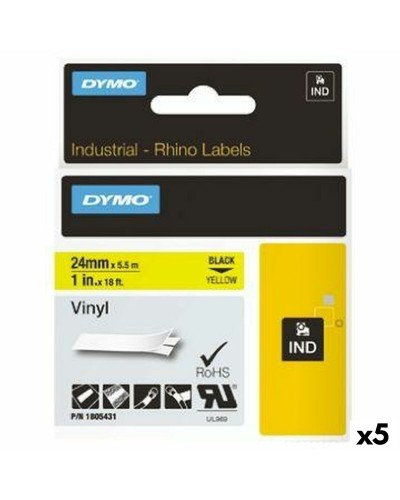 Laminerat Band till Etikettskrivare Rhino Dymo ID1-24 24 x 5,5 mm Svart Gul Vinyl Självhäftande (5 antal)