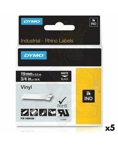 Cintas Negro sobre Blanco 19 mm para Rotuladoras Rhino Dymo ID1-19 (5 Rollos)
