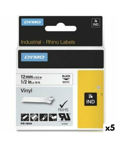 Dymo Rhino ID1-12 Nastri Etichettatura, 12 x 5,5 mm, Bianco su Nero, Vinile, Autoadesivi (5 Pezzi)