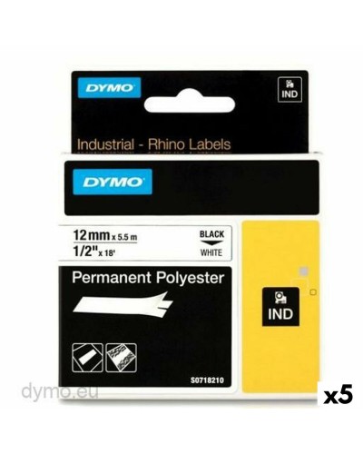 Laminated Tape 12 x 5.5 mm for Rhino Dymo ID1-12 Label Makers Black on White, 5-Pack
