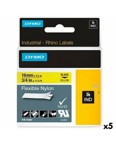 Rhino Dymo ID1-19 Label Tape Black/Yellow, 19 x 3.5 mm, Self-Adhesive, Pack of 5
