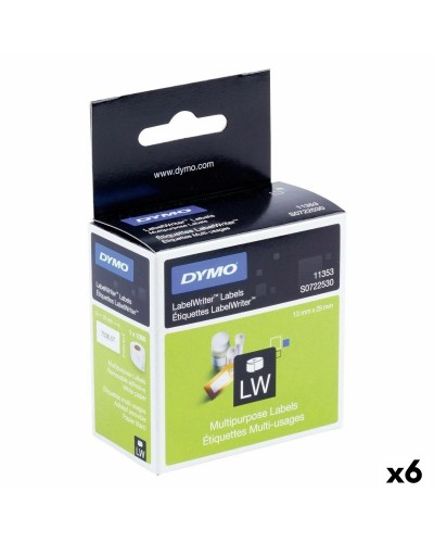 Étiquettes adhésives Dymo Blanc/Noir (6 rouleaux) - 1000 pièces, 13x25 mm
