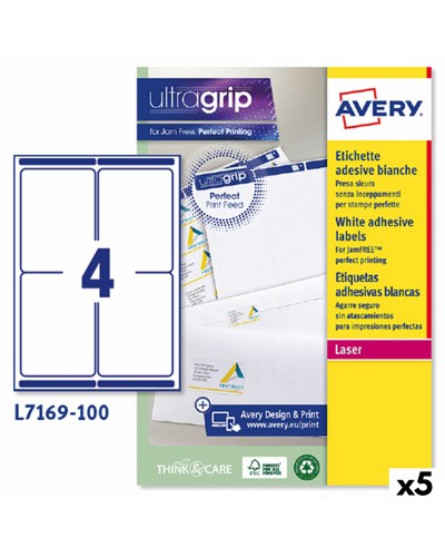Avery L7169 Étiquettes pour Imprimante Laser, 100 Feuilles, Blanc, 99,1 x 139 mm, Lot de 5
