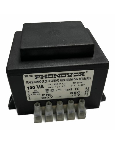 Trasformatore di sicurezza PHONOVOX da 12 V per illuminazione piscine, 100 VA, 9,8x7,9x7,4 cm