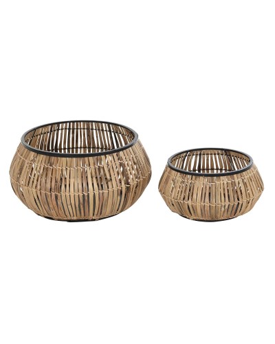 Pottenset DKD Home Decor Zwart Natuurlijk Metaal Rotan Vierkant Bali 50 x 50 x 25,4 cm (2 Stuks)