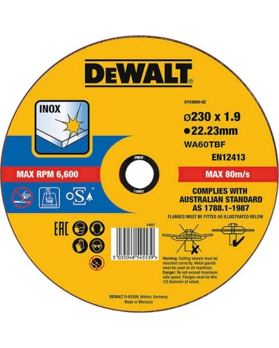 Disque à tronçonner Dewalt DT43909-QZ, Diamètre 230 mm, Largeur de coupe 2,4 mm, Alésage 22,23 mm
