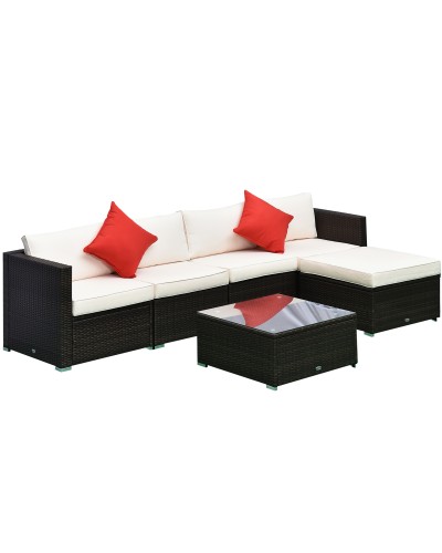  Set Mobili da Giardino in Rattan PE 4 Poltrone 1 Pouf 1 Tavolino in Vetro Temperato 2 Cuscini