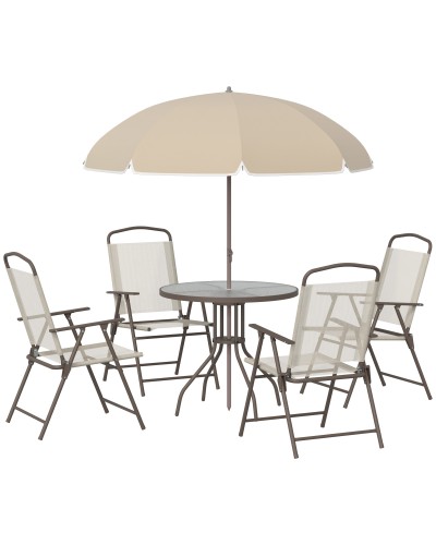  6 pz Set Mobili da Giardino in Tubi d'Acciaio,   Tavolo da Giardino con Sedie e Ombrellone, Crema