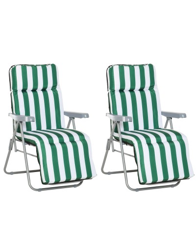2 Piece Folding and Reclining Beach Chair Set, Sun Loungers for Garden with Padded Cushion, Green and White