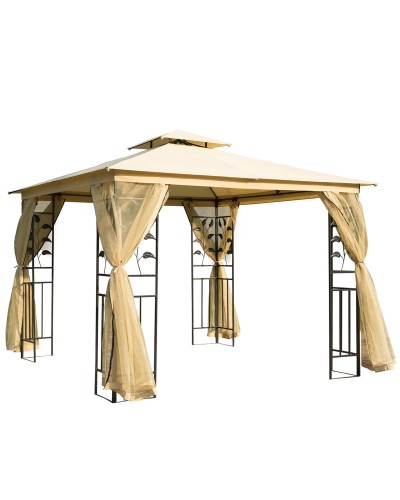 3x3m Garden Gazebo with Mosquito Net, Steel Frame and Double Canopy, Beige