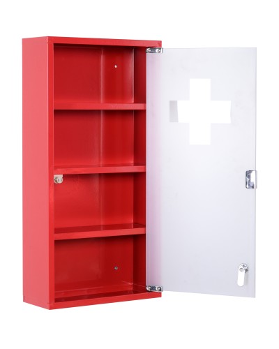 Medicine Cabinet First Aid Storage 4 Tier Glass Door 60×30×12cm Red