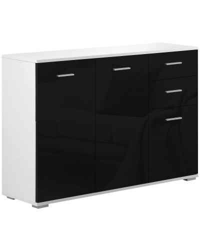  Comò, Mobiletto per Soggiorno e Camera con 3 ante e 2 cassetti, Nero Lucido, Antigraffio (106 x 35 x 76 cm)