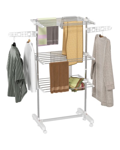  Stendino Verticale Pieghevole in Acciaio e Plastica con 6 Ruote e 3 Ripiani Regolabili, 142x55x172 cm