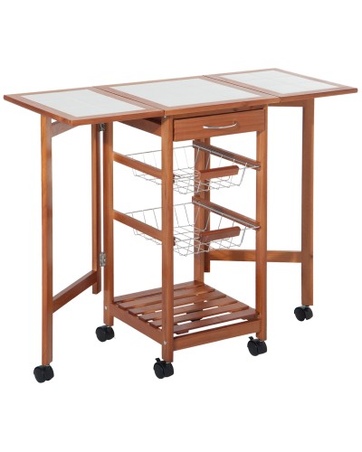  Carrello da Cucina con Piano in Mattonella Servizio Ausiliare Legno metallo Cromato 6 Ruote Cassetto