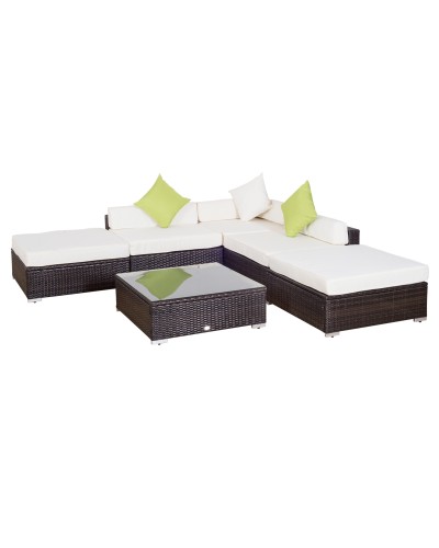  Set Giardino Esterno 6 Pezzi in Rattan PE, Salotto da Giardino con Divano Angolare e Pouf con Cuscini Lavabili, Marrone