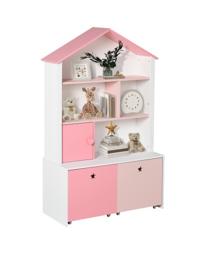  Libreria Scaffale Portagiochi Rosa per Cameretta Bimbi e Ragazzi con 2 Cassetti Estraibili, 80 x 34 x 130 cm