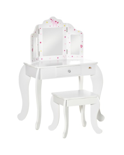 Kids Vanity Table with Stool, Tri-Folding Mirror Dressing Table with Drawer, 63x40x85.5cm, White