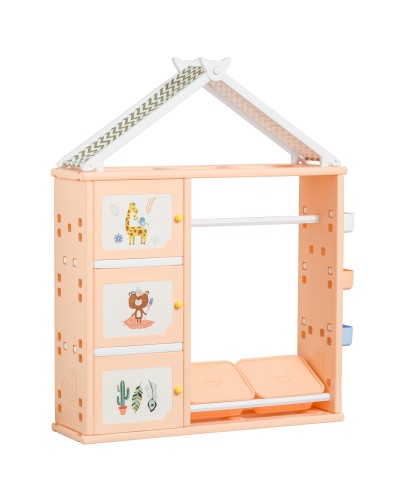 Kids' Room Wardrobe, Toy Storage Unit with Bins and Orange PE Clothes Rail, 128x34x155cm