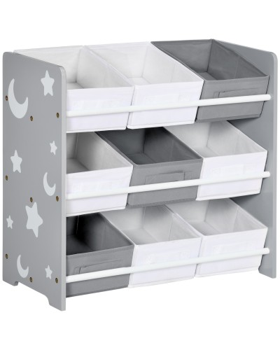 Toy Storage Unit with 9 Removable Bins MDF and Fabric, 63x30x60cm, Grey and White