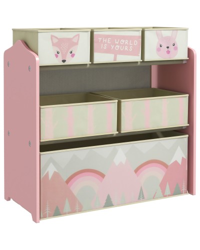 Kids Toy Storage Shelf with 6 Removable Fabric Bins, 63x30x66cm, Pink