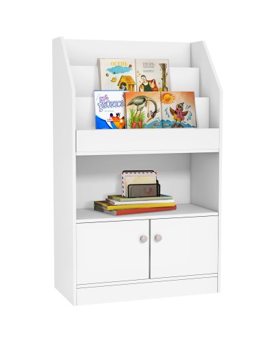  Scaffale Portagiochi per Bambini con Libreria e Armadietto in Legno, 60x29.5x100cm, Bianco