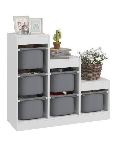  Scaffale Portagiochi a 3 Livelli con 6 Contenitori per Bambini da 3-8 Anni, 96x38.5x90cm, Grigio