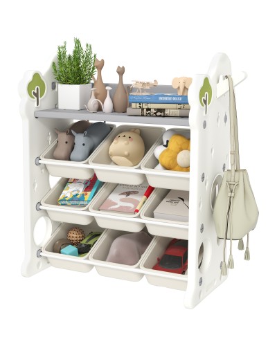 4-Tier Toy Storage Shelf with 9 Bins and Side Hook, HDPE, 77x42x94 cm, Cream White