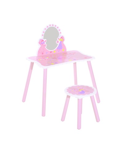  Toeletta per Bambini con Sgabello in Legno, Tavolo Trucco con Specchio Moderno e Cassetto, 59L x 39P x 77A cm, Rosa