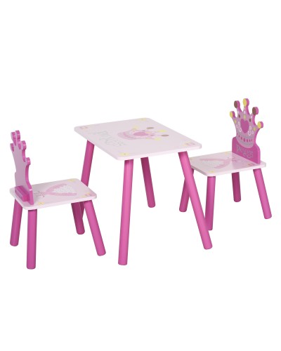  Set Tavolo e 2 Sedie a Tema Principesse per Cameretta Bambini in Legno Rosa con Schienale a Forma di Corona
