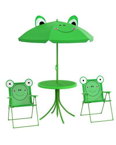  Set Tavolo da Giardino con 2 Sedie Pieghevoli, Tavolino con Sedie da Esterno con Ombrellone per Bambini in Metallo e Poliestere