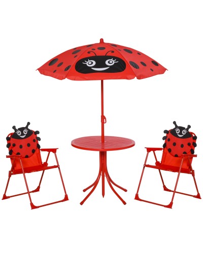  Set Tavolo da Giardino con 2 Sedie Pieghevoli, Tavolino con Sedie da Esterno con Ombrellone per Bambini in Metallo e Poliestere