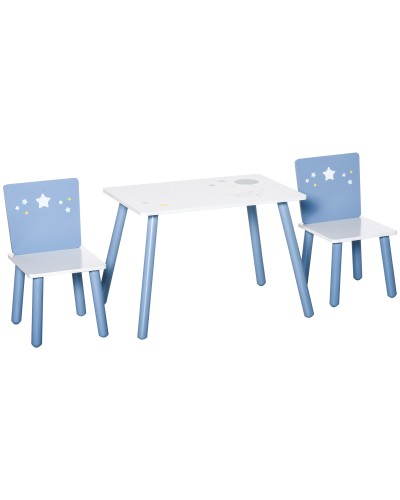  Tavolo e Sedie per Bambini e Bambine 2-4 Anni in Legno Azzurro e Bianco, Set 3 Pezzi