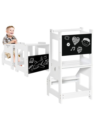  Scala Montessori 2 in 1 in MDF Staccabile, con Sgabello, Lavagna Inclusi, per Bambini 3-6 Anni, Bianco