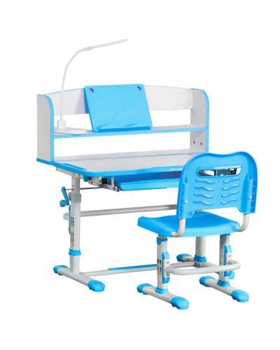  Banco Scuola per Bambini 6-12 Anni Regolabile con Luce LED, Leggio e Portapenne, in MDF, PP e Acciaio, Azzurro