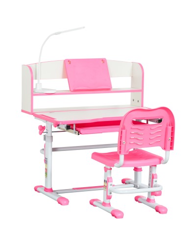  Banco Scuola per Bambini 6-12 Anni Regolabile con Luce LED, Leggio e Portapenne, in MDF, PP e Acciaio, Rosa