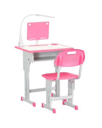  Banco Scuola con Sedia per Bambini 6-12 Anni Altezza Regolabile, Lampada LED, Leggio e Portapenne, Acciaio e MDF, Rosa