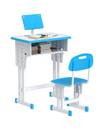 Adjustable Height School Desk for Children Ages 6-12 with Book Stand and Shelf, Steel and MDF, Blue