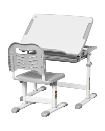 Children's School Desk with Chair, Adjustable Height, Tilting Desktop, Ages 6-12, 66x47x52-77 cm, Grey