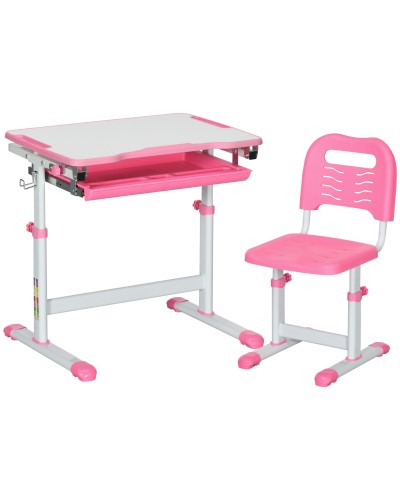 Children's Desk and Chair Set for Ages 6-12 with Adjustable Height, Tilting Desktop, 66x47x52-77 cm, Pink