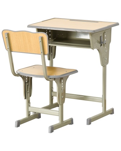 Kids Desk and Chair Set 6-12 Years Adjustable Height, Storage Compartment and Pen Holder, Steel and MDF, Wood Color