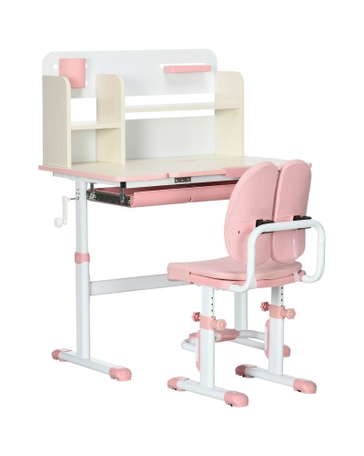  Banco Scuola con Sedia per Bambini 3-12 Anni, Altezza Regolabile e Piano Inclinabile, Rosa